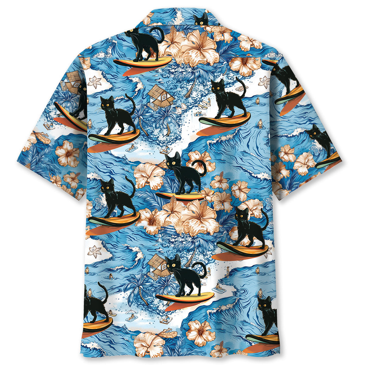 Black Tropical Cat Surfing Hawaiian Shirt For Resort Getaways And Comfortable Summer Activities