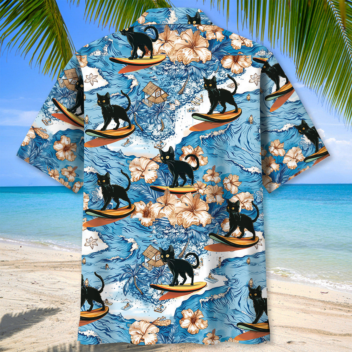 Black Tropical Cat Surfing Hawaiian Shirt For Summer Vacation And Beach Travel