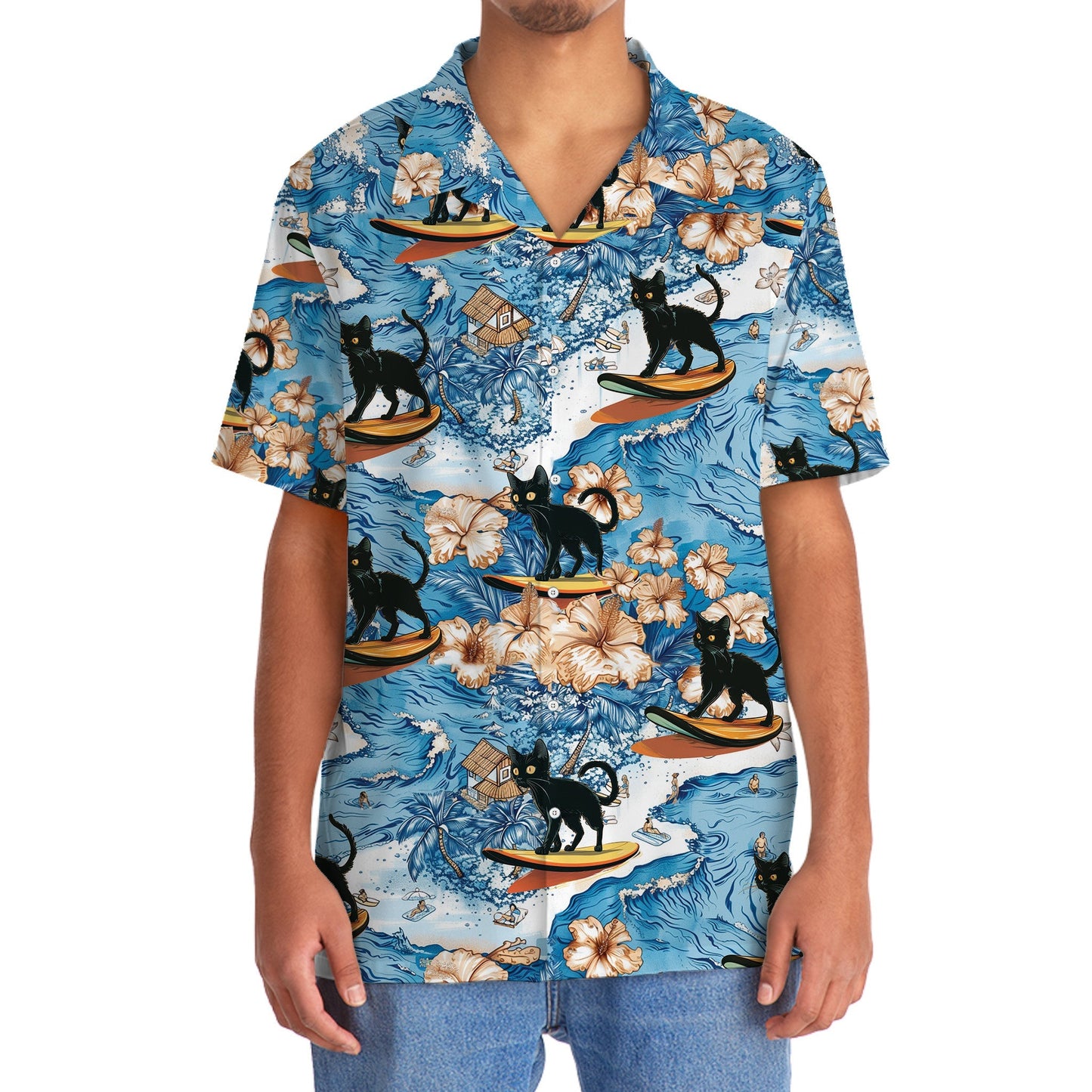 Black Tropical Cat Surfing Hawaiian Shirt Pattern View For Relaxed Warm Weather Outfits
