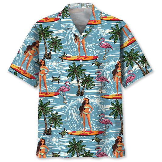 Tropical Surfing Aloha Girl Hawaiian Shirt For Coastal Adventures And Warm Weather Wear