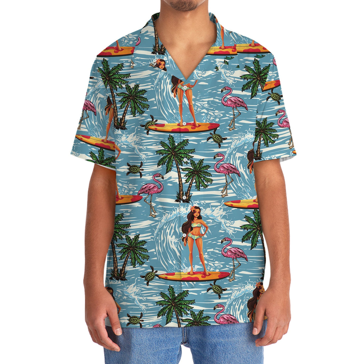 Tropical Surfing Aloha Girl Hawaiian Shirt Artwork View For Weekend Travel And Beach Style