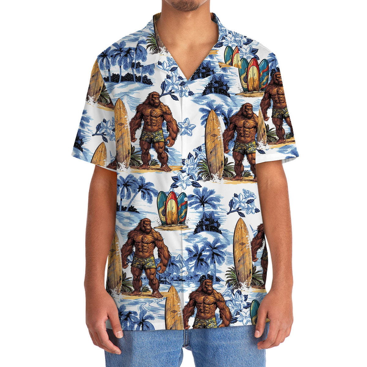 Tropical Surfing Forest Creature Surfboard Hawaiian Shirt Pattern View For Relaxed Warm Weather Outfits