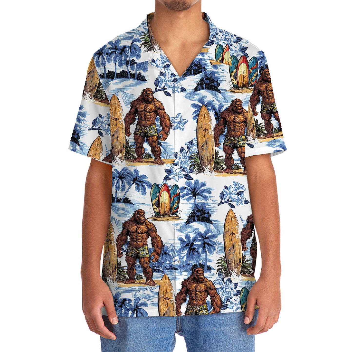 Tropical Surfing Forest Creature Surfboard Hawaiian Shirt Pattern View For Relaxed Warm Weather Outfits
