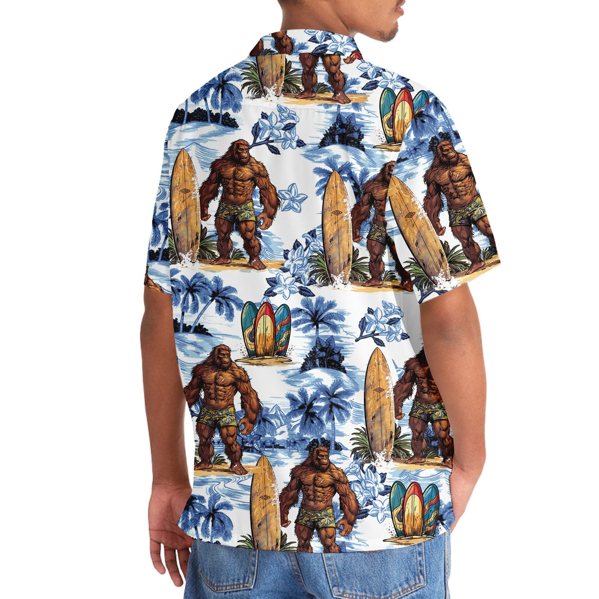 Tropical Surfing Forest Creature Surfboard Hawaiian Shirt Artwork Detail For Resort Trips And Outdoor Activities