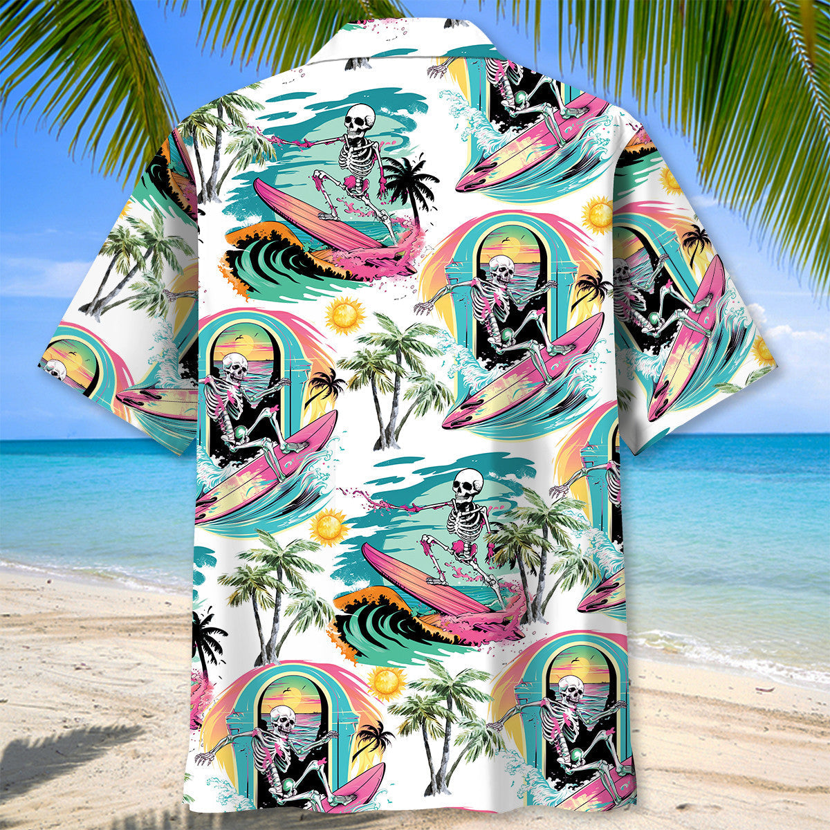 Skull Surfing Beach Hawaiian Shirt Artwork Detail For Tropical Trips And Casual Outings