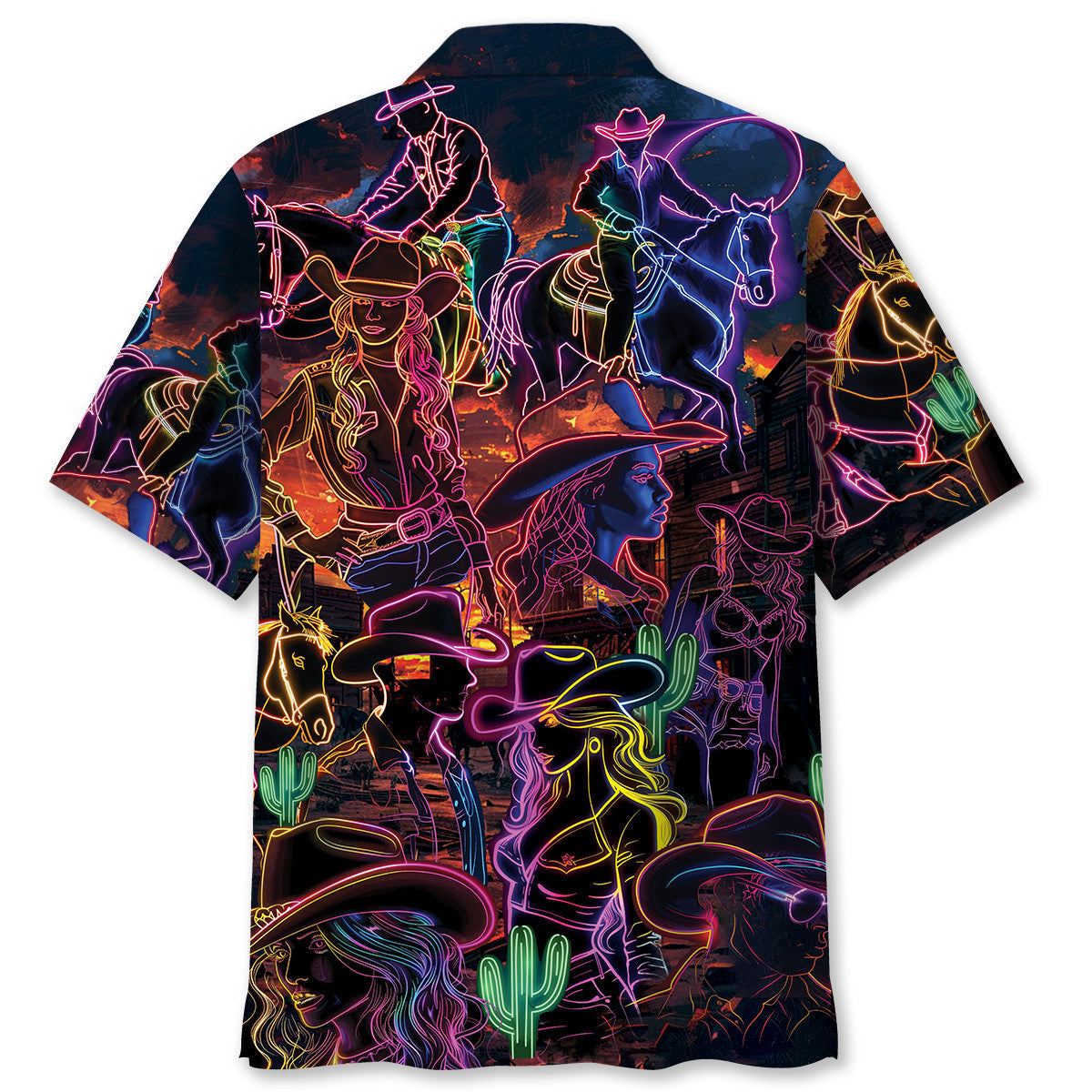 Neon Vintage Retro Cowboy Hawaiian Shirt Artwork Detail For Tropical Trips And Casual Outings