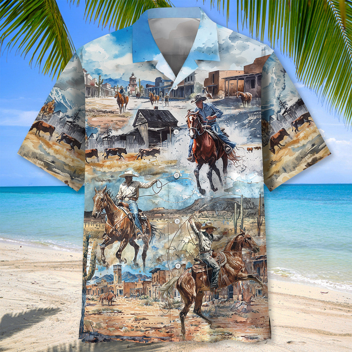 Vintage Retro Cowboy Hawaiian Shirt Design Detail For Sunny Adventures And Casual Wear