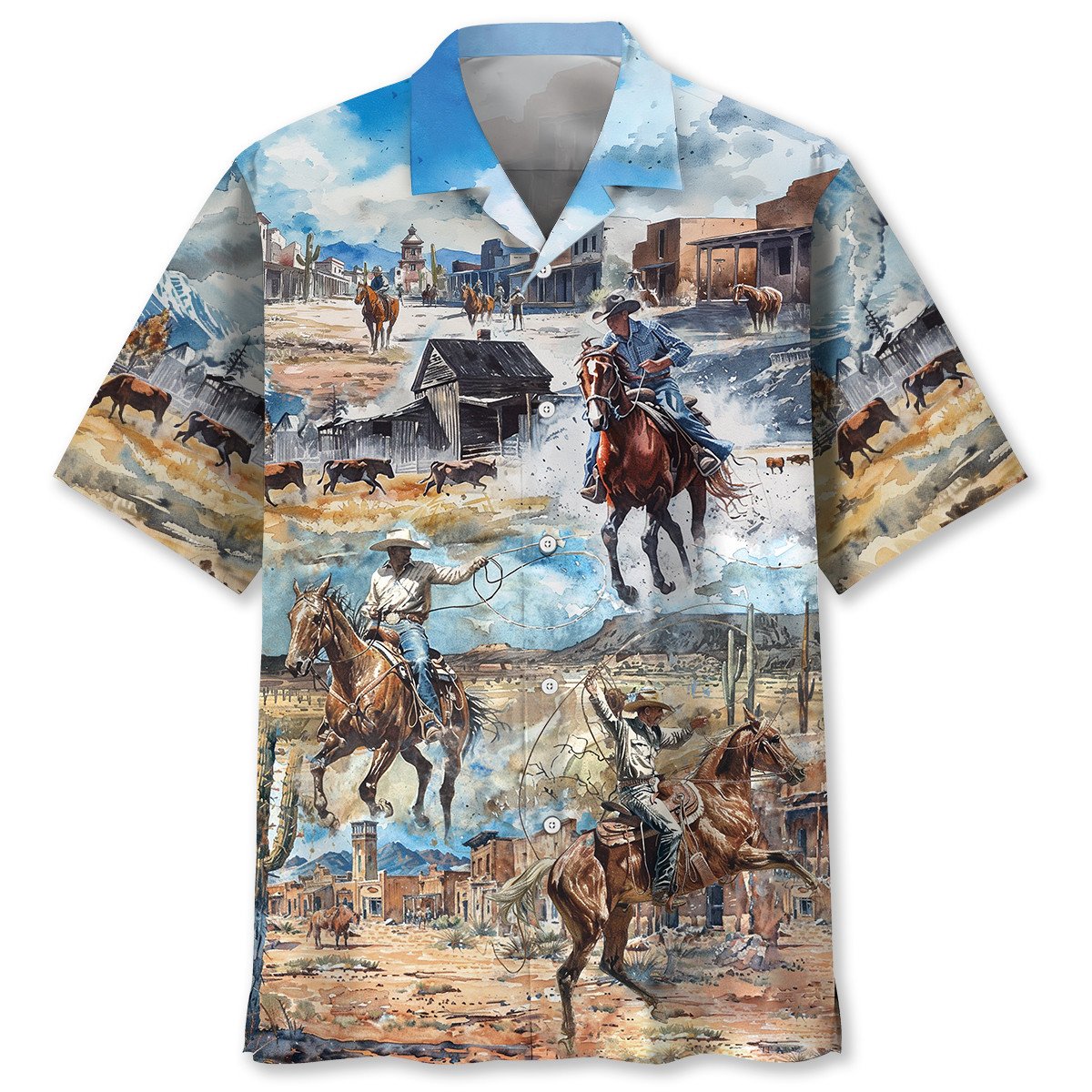 Vintage Retro Cowboy Hawaiian Shirt Artwork View For Weekend Travel And Beach Style