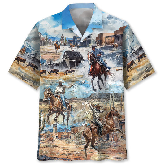 Vintage Retro Cowboy Hawaiian Shirt Artwork View For Weekend Travel And Beach Style