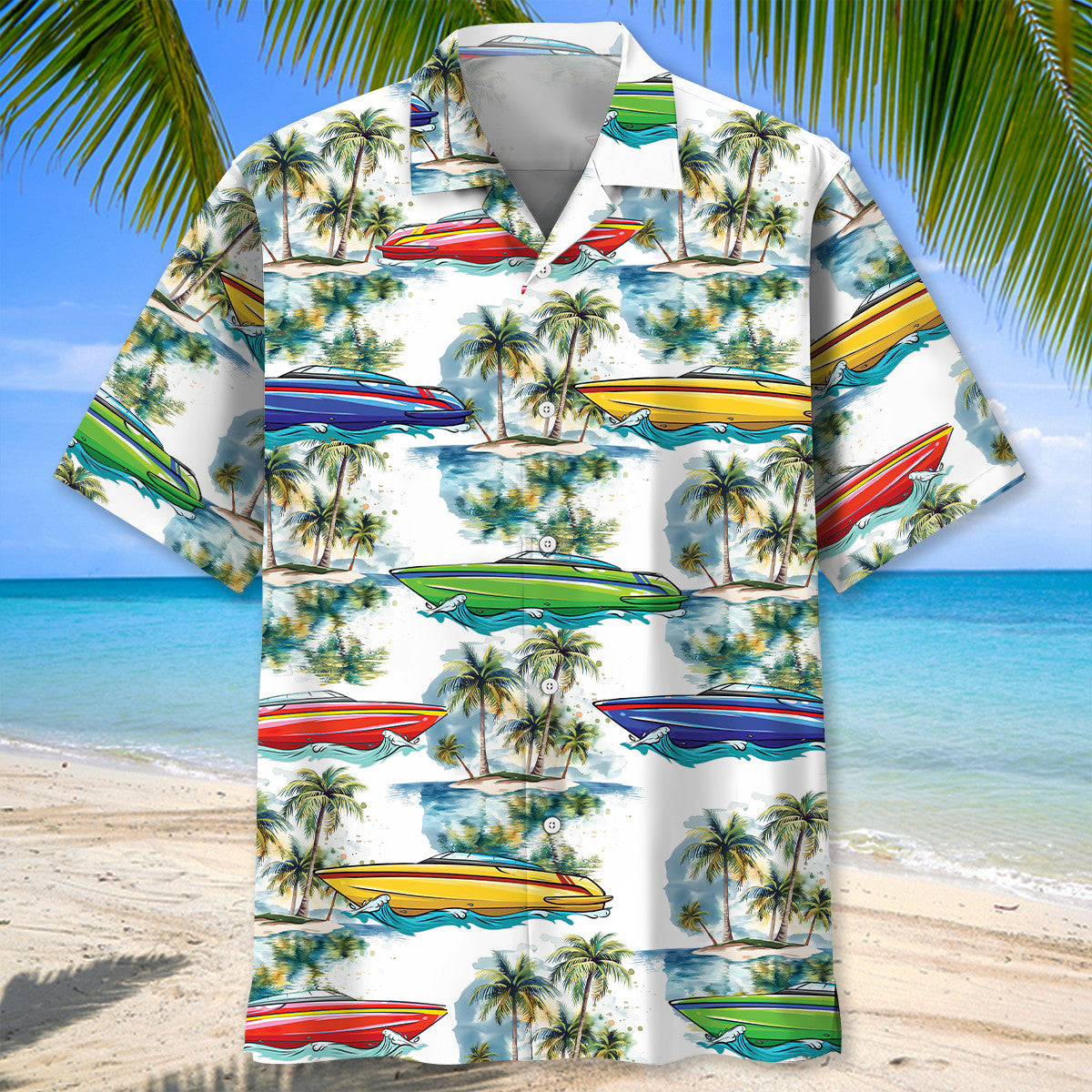 Colorful Boat Power Racing Hawaiian Shirt Pattern View For Lightweight Everyday Style
