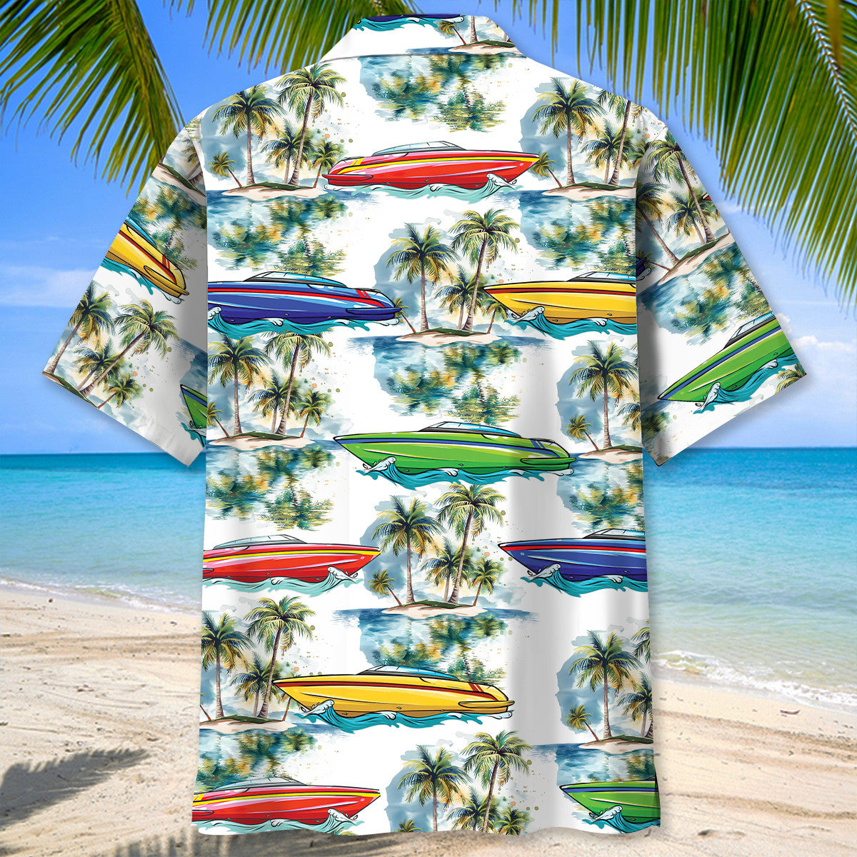 Colorful Boat Power Racing Hawaiian Shirt Artwork Detail For Tropical Trips And Casual Outings