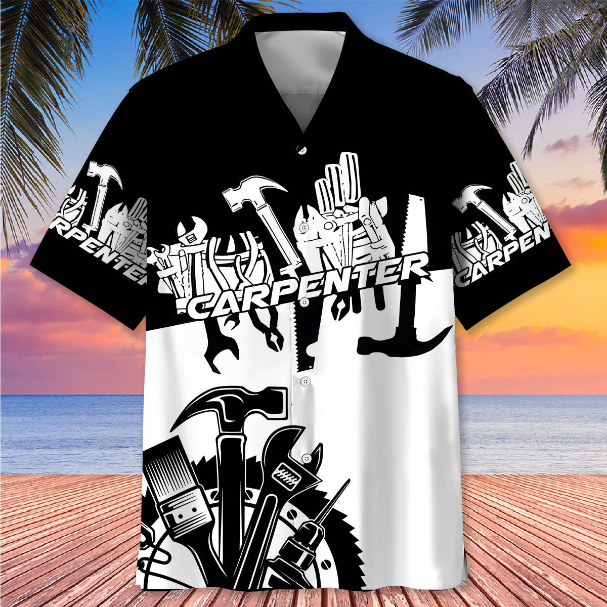 Black Tropical Carpenter Proud Hawaiian Shirt Pattern View For Relaxed Warm Weather Outfits