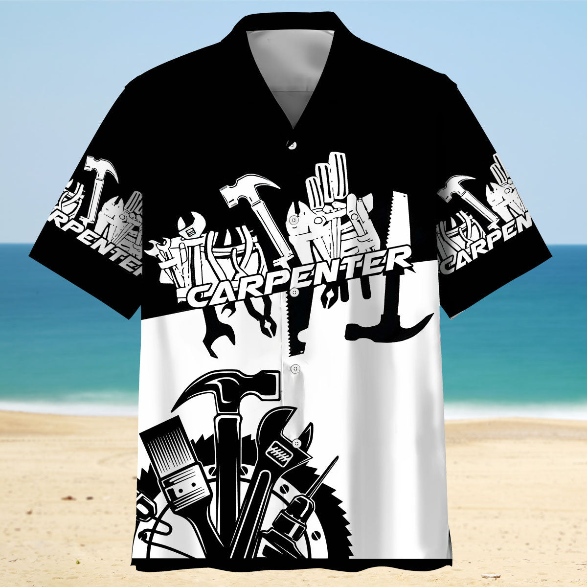 Black Tropical Carpenter Proud Hawaiian Shirt Artwork Detail For Resort Trips And Outdoor Activities