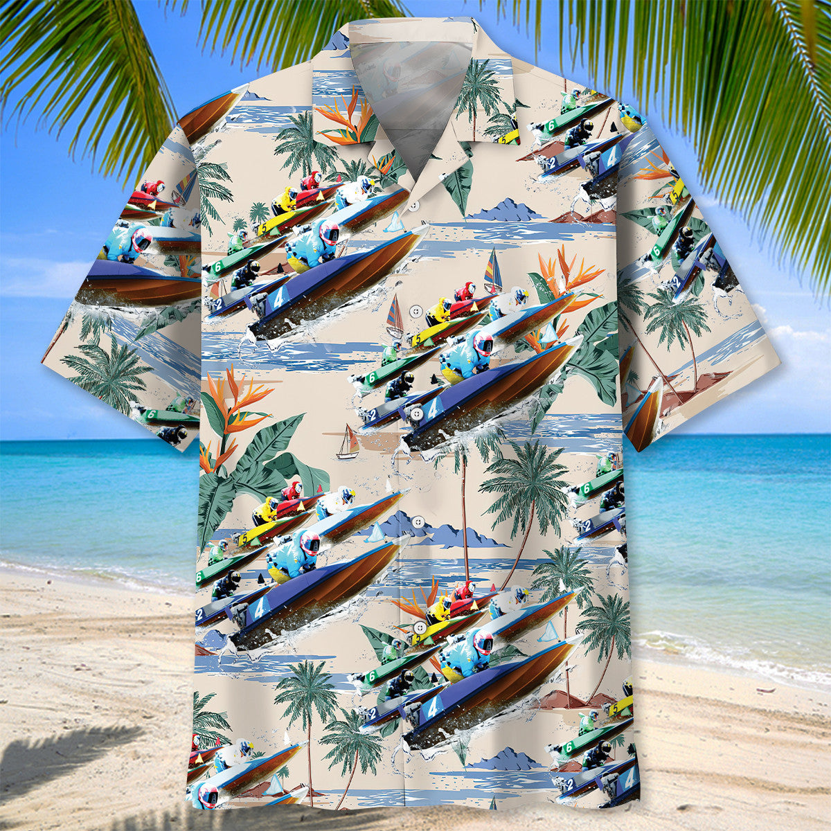 Boat Power Racing Coastal Hawaiian Shirt Artwork Detail For Tropical Trips And Casual Outings