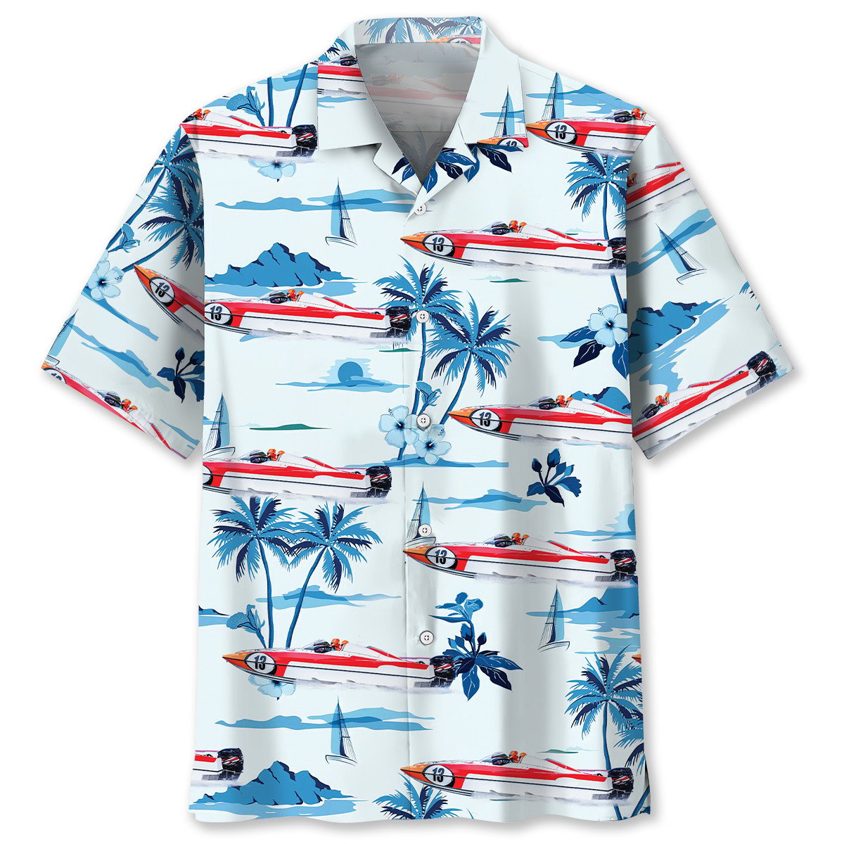 Tropical Boat Racing Coastal Hawaiian Shirt For Summer Vacation And Beach Travel