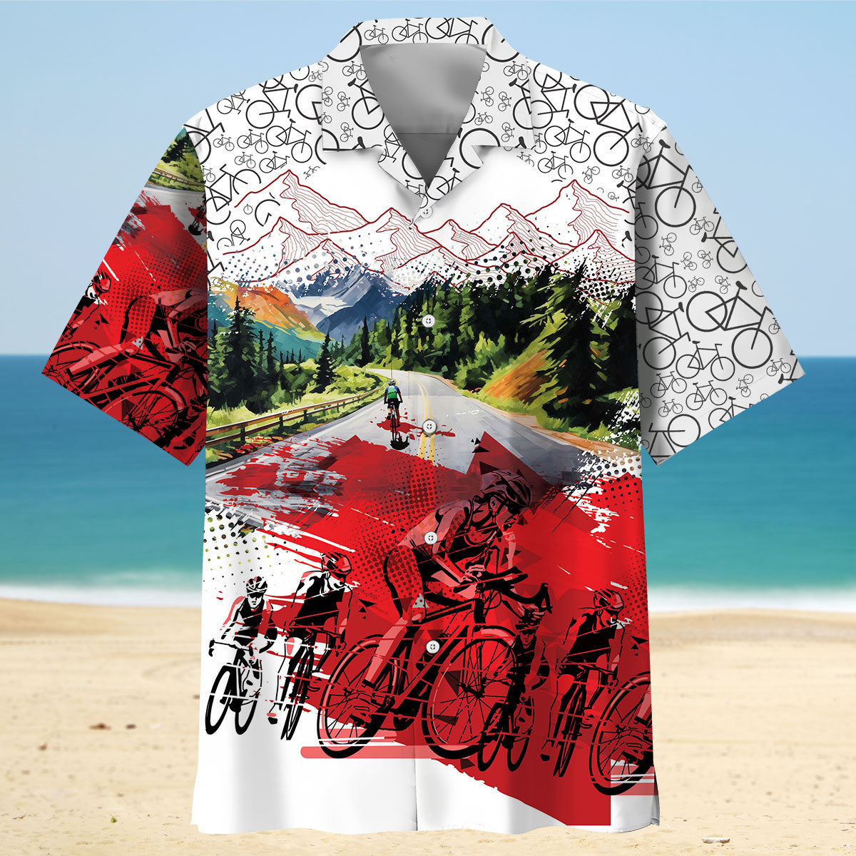Cycling Route Adventure Hawaiian Shirt Pattern Detail For Summer Holidays And Outdoor Fun