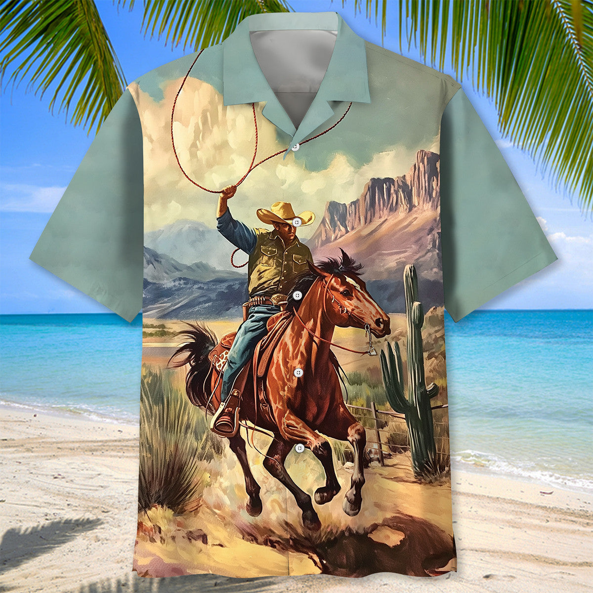 Vintage Retro Cowboy Bucking Hawaiian Shirt Pattern View For Lightweight Everyday Style