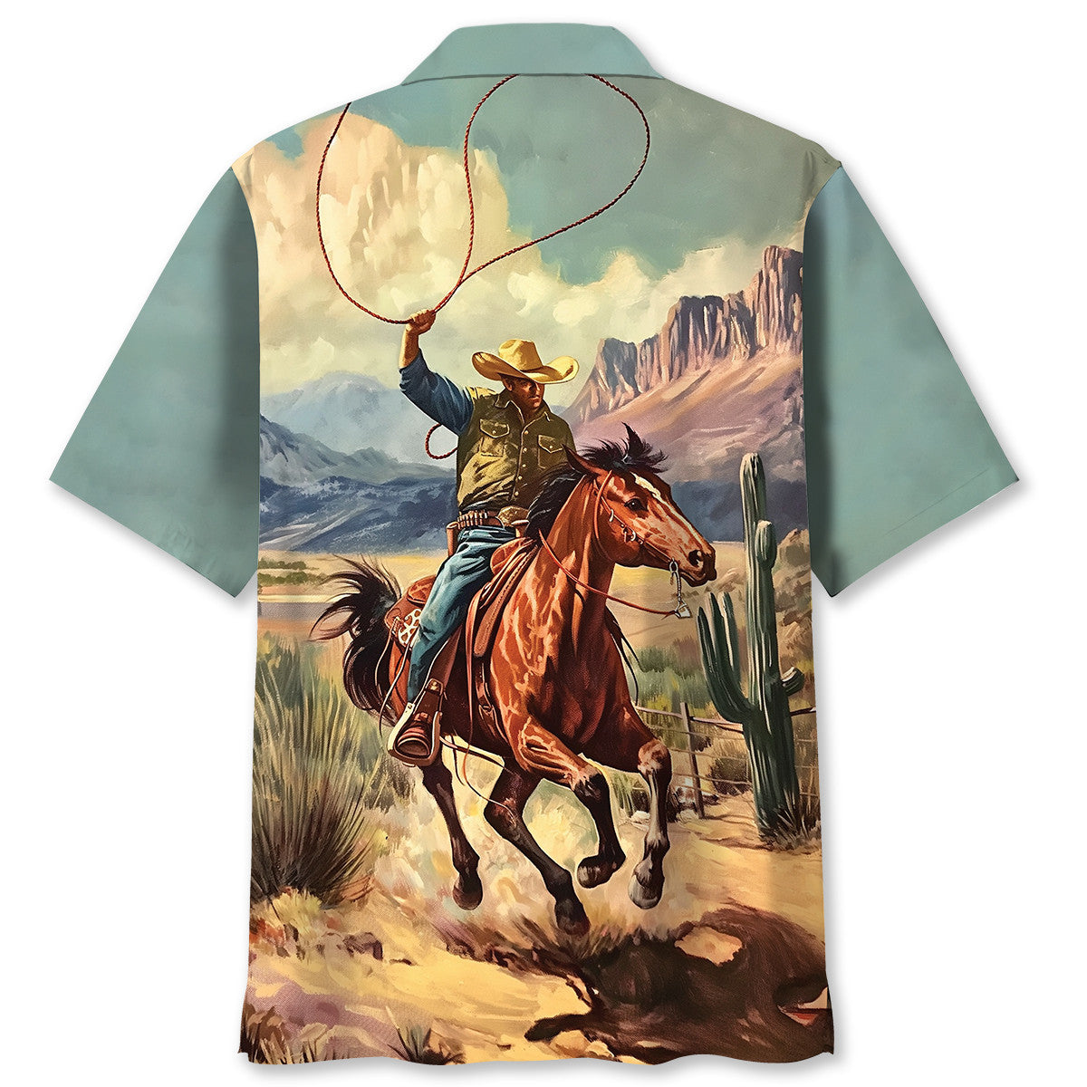 Vintage Retro Cowboy Bucking Hawaiian Shirt Artwork Detail For Tropical Trips And Casual Outings