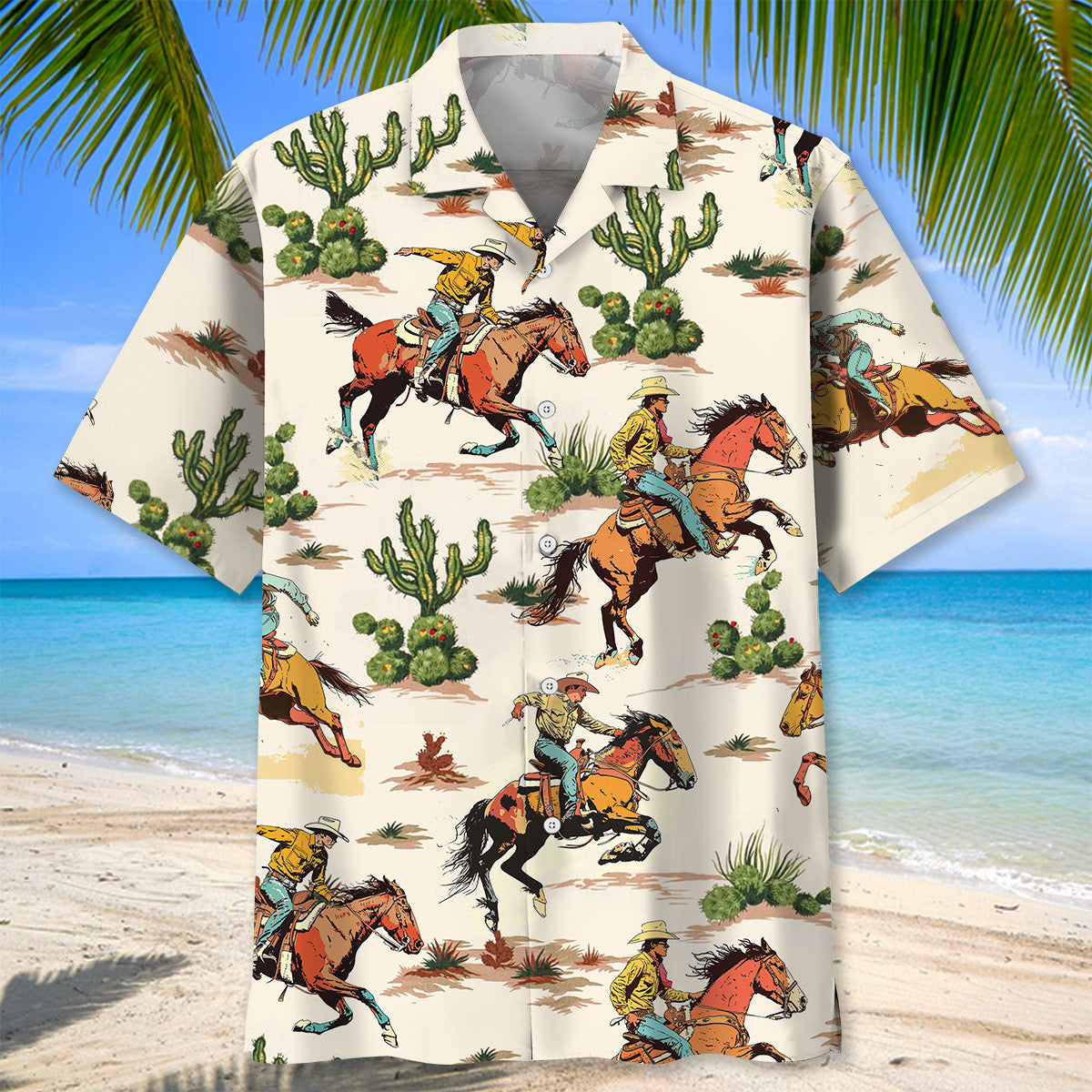 Western Desert Cowboy Bucking Hawaiian Shirt Design View For Casual Summer Styling