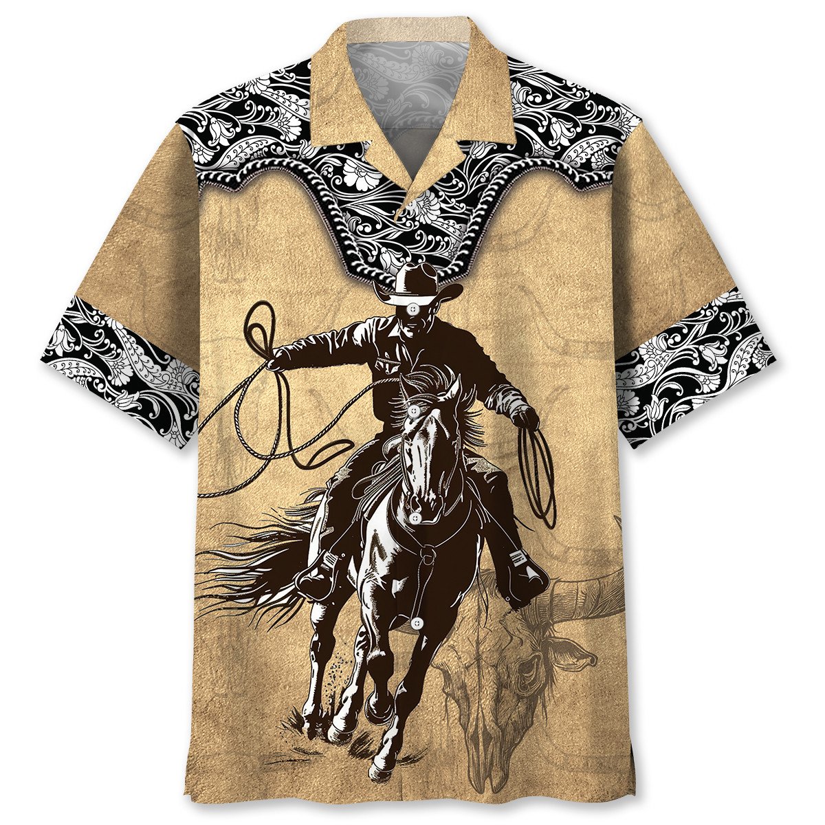Vintage Western Retro Cowboy Hawaiian Shirt Pattern View For Relaxed Warm Weather Outfits