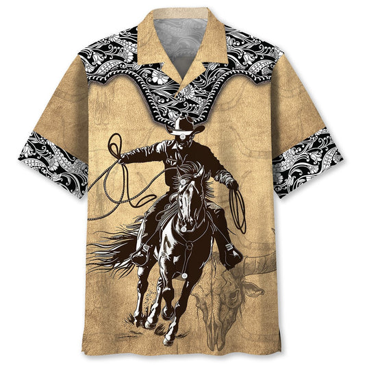 Vintage Western Retro Cowboy Hawaiian Shirt Pattern View For Relaxed Warm Weather Outfits
