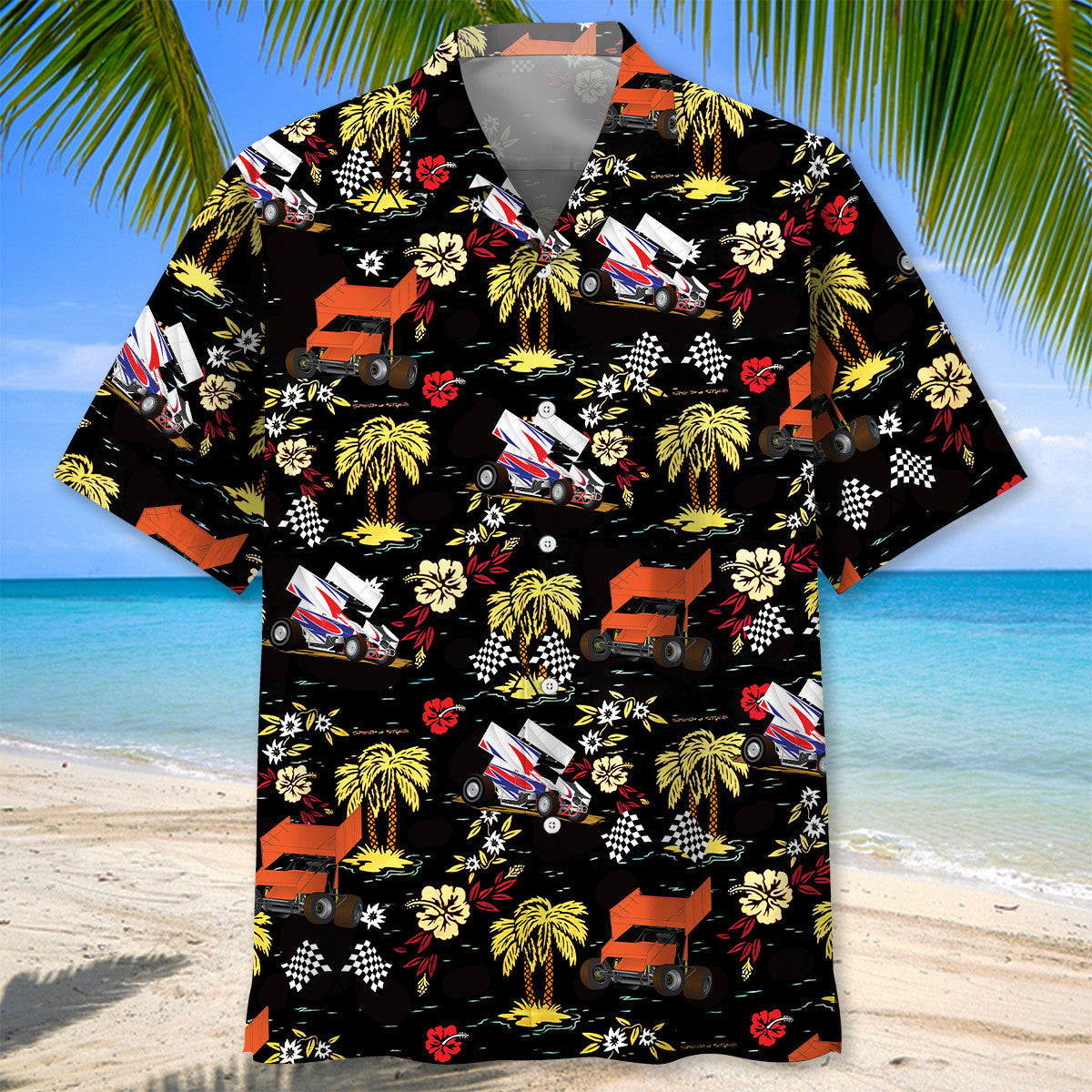 Black Car Dirt Track Racing Sprint Hawaiian Shirt Design Detail For Sunny Adventures And Casual Wear