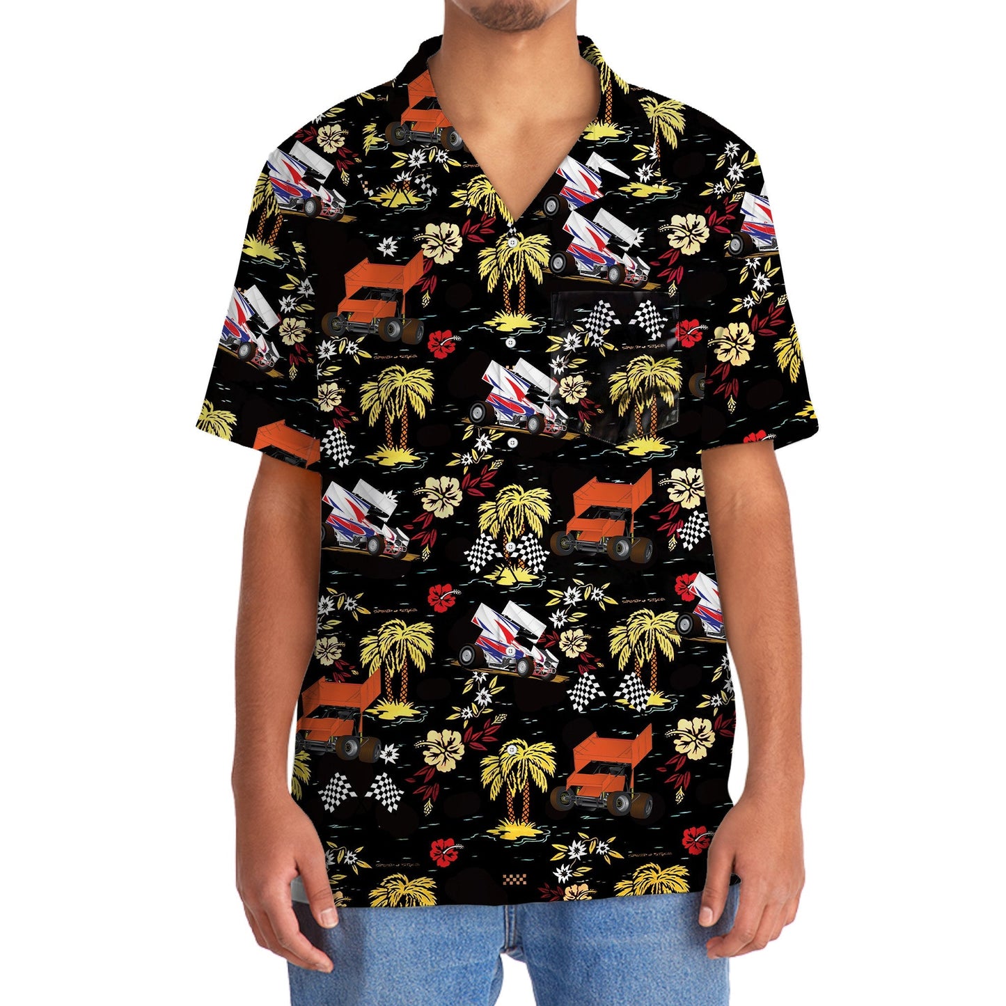 Black Car Dirt Track Racing Sprint Hawaiian Shirt Pattern View For Relaxed Warm Weather Outfits