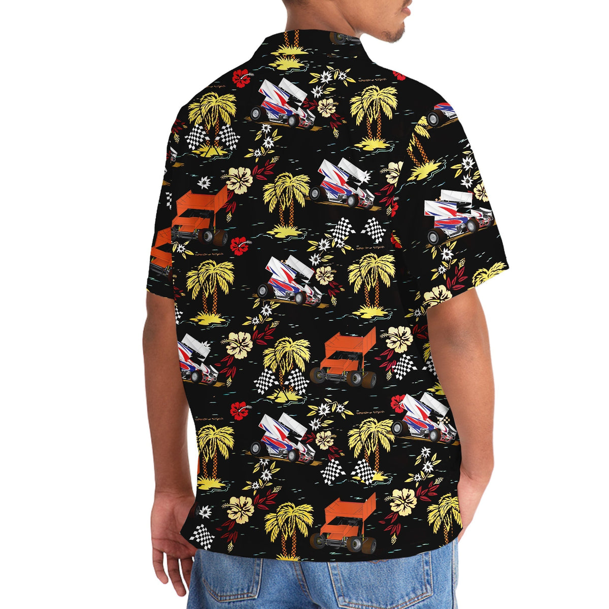 Black Car Dirt Track Racing Sprint Hawaiian Shirt Artwork Detail For Resort Trips And Outdoor Activities