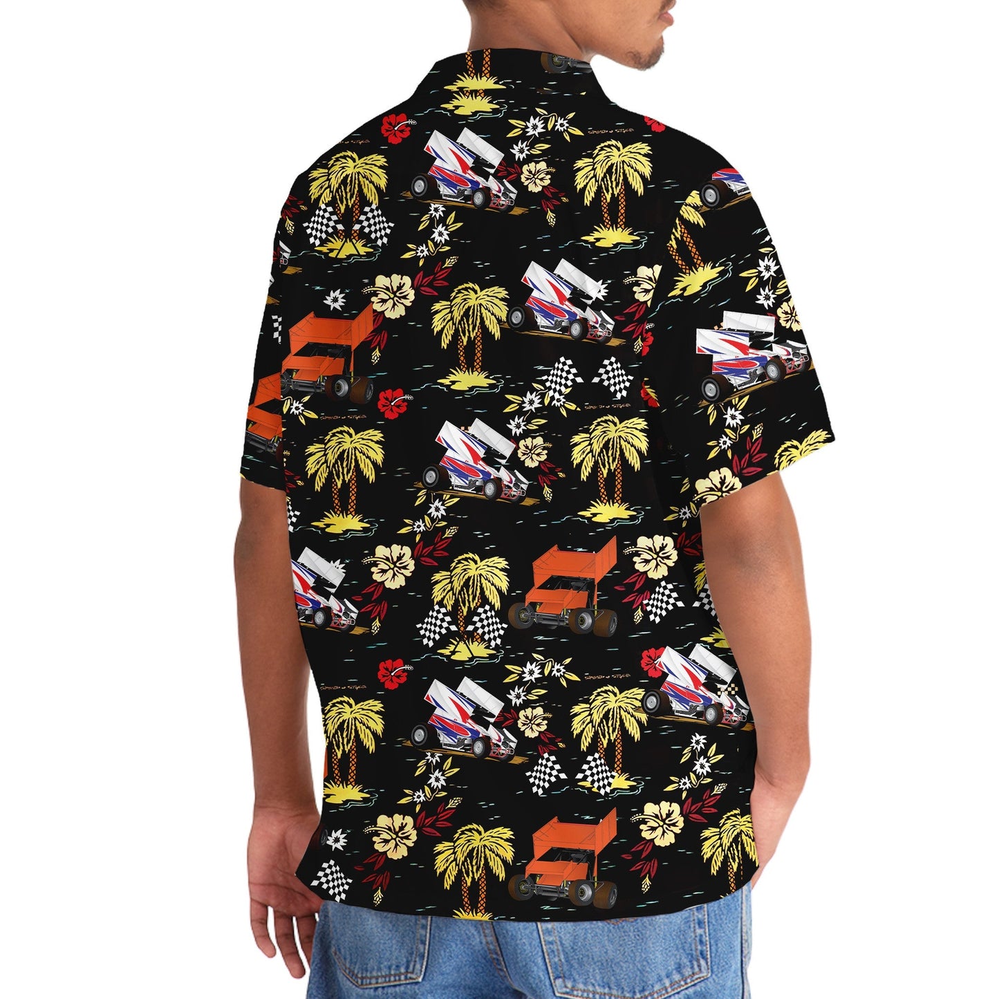 Black Car Dirt Track Racing Sprint Hawaiian Shirt Artwork Detail For Resort Trips And Outdoor Activities
