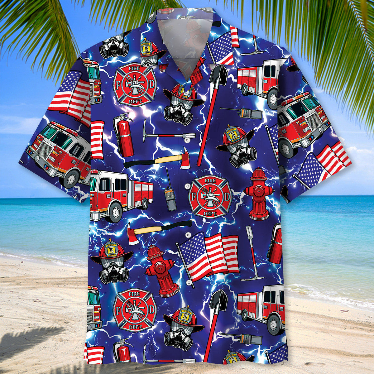 Funny Blue Tropical Firefighter Hawaiian Shirt For Coastal Adventures And Warm Weather Wear