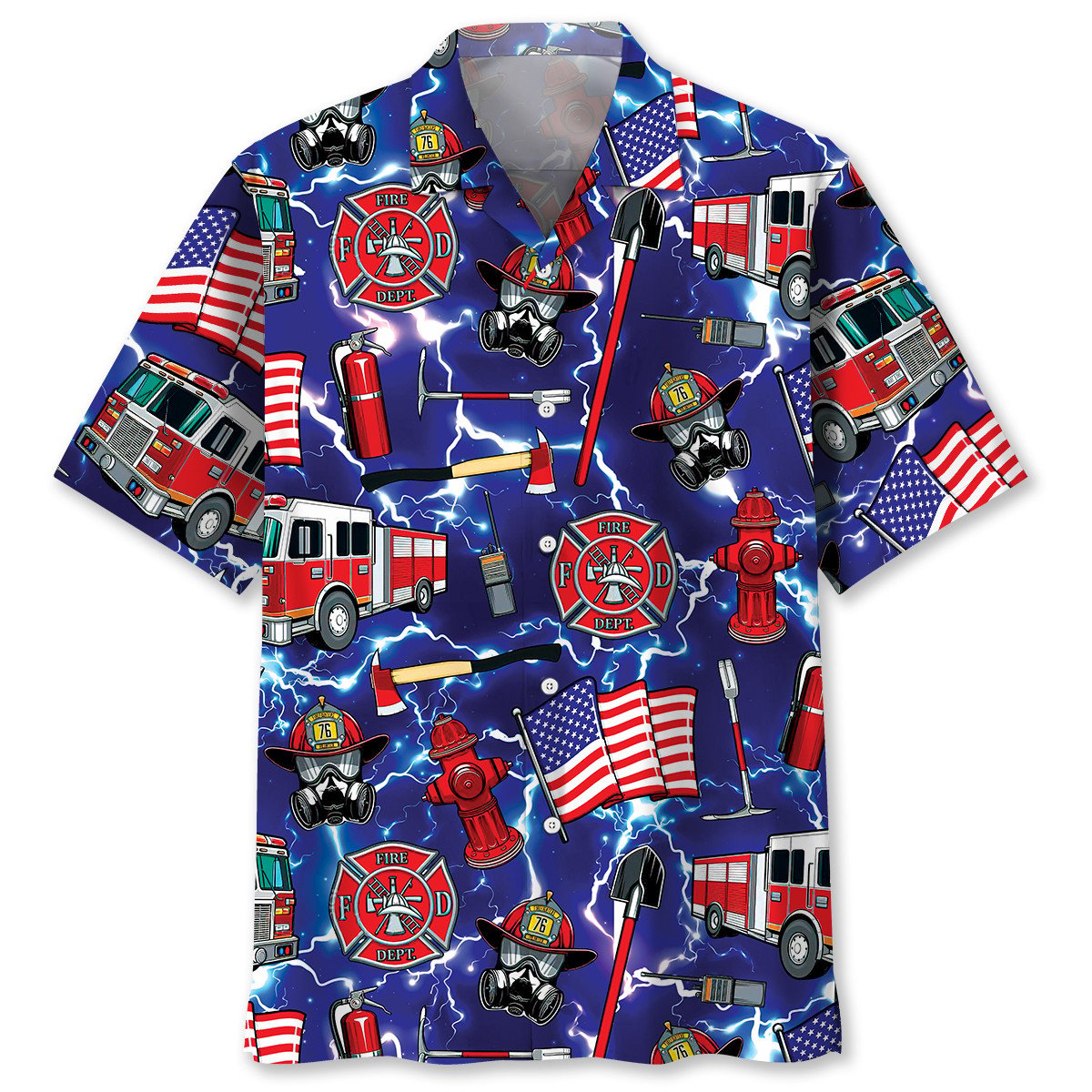 Funny Blue Tropical Firefighter Hawaiian Shirt Artwork Detail For Tropical Trips And Casual Outings