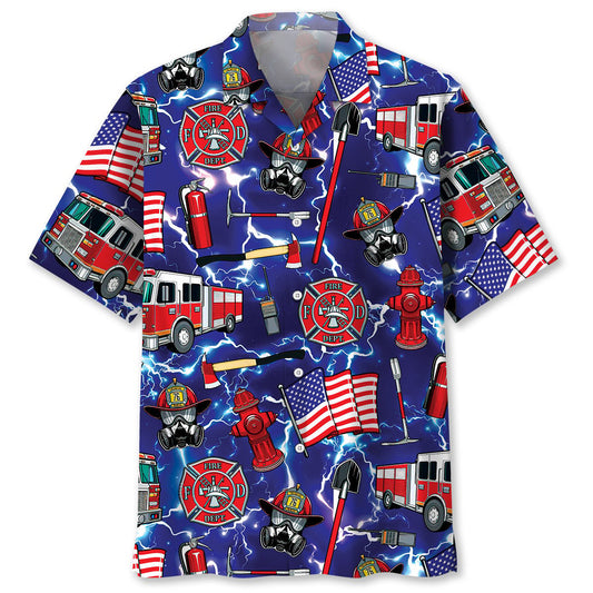 Funny Blue Tropical Firefighter Hawaiian Shirt Artwork Detail For Tropical Trips And Casual Outings