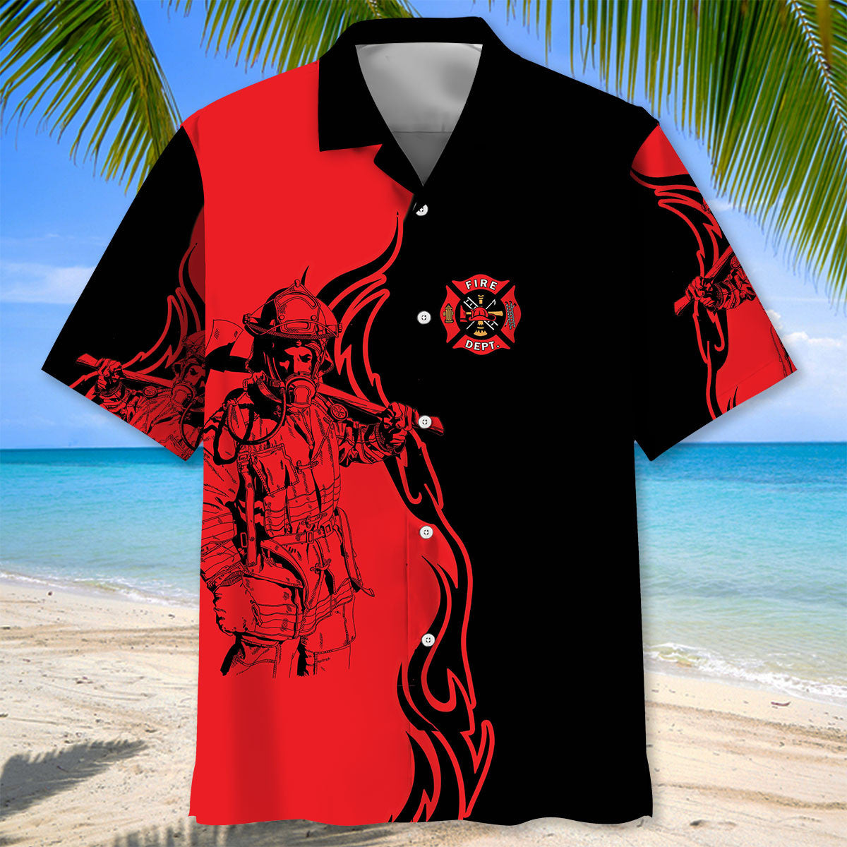 Black Red Firefighter Tribute Hawaiian Shirt Artwork View For Weekend Travel And Beach Style