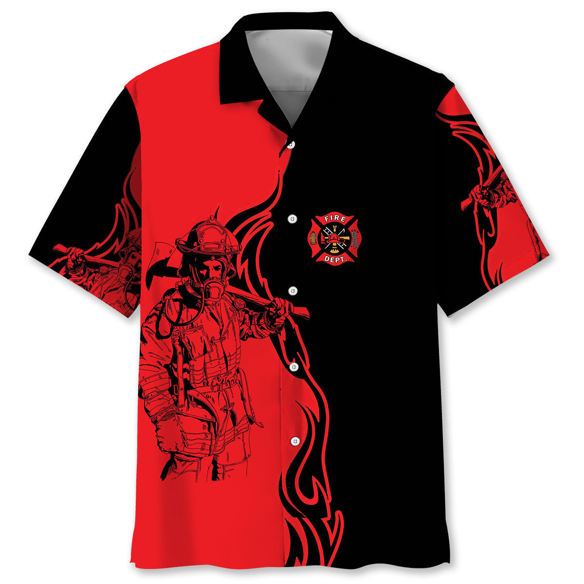 Black Red Firefighter Tribute Hawaiian Shirt For Vacation Days And Relaxed Coastal Outings