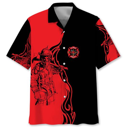 Black Red Firefighter Tribute Hawaiian Shirt For Vacation Days And Relaxed Coastal Outings