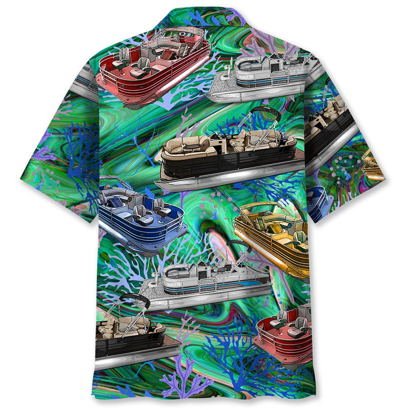 Vintage Retro Boat Pontoon Coastal Hawaiian Shirt Pattern View For Relaxed Warm Weather Outfits