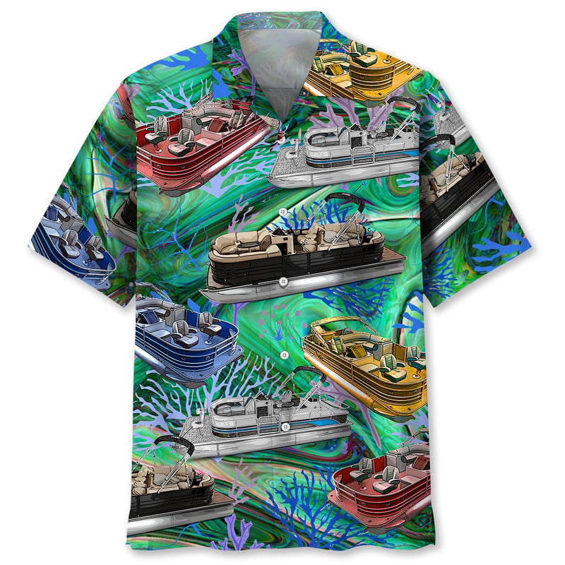 Vintage Retro Boat Pontoon Coastal Hawaiian Shirt For Resort Getaways And Comfortable Summer Activities
