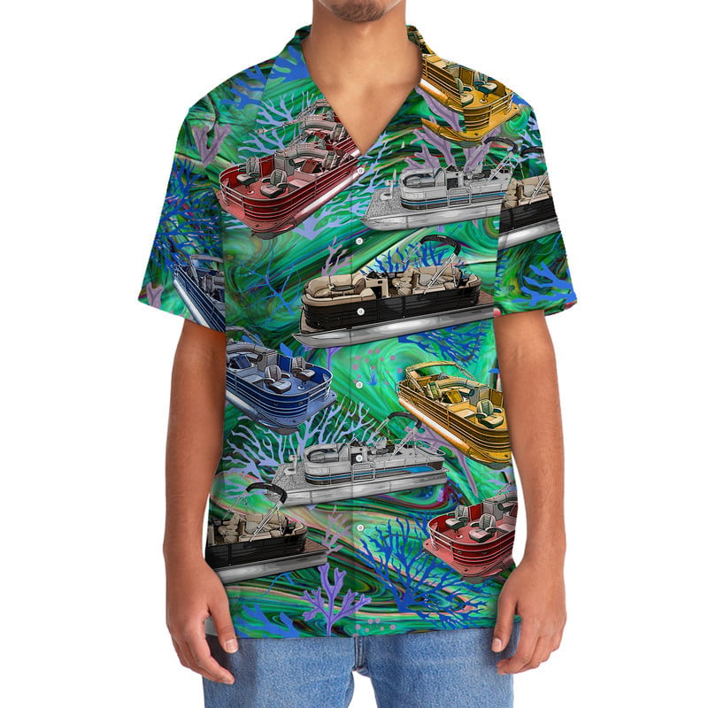 Vintage Retro Boat Pontoon Coastal Hawaiian Shirt Design View For Casual Summer Styling