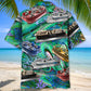 Vintage Retro Boat Pontoon Coastal Hawaiian Shirt Artwork Detail For Resort Trips And Outdoor Activities