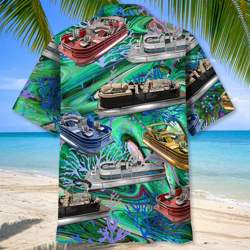 Vintage Retro Boat Pontoon Coastal Hawaiian Shirt Artwork Detail For Resort Trips And Outdoor Activities