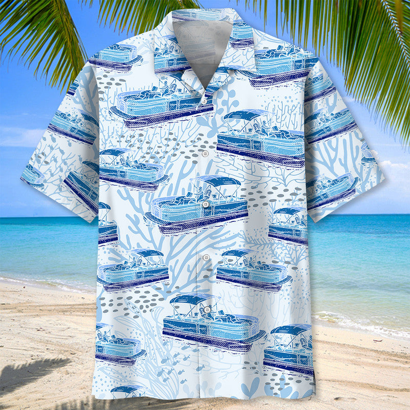 Blue Boat Pontoon Coastal Hawaiian Shirt For Summer Vacation And Beach Travel