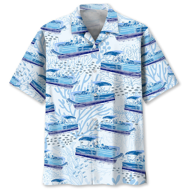 Blue Boat Pontoon Coastal Hawaiian Shirt For Resort Getaways And Comfortable Summer Activities