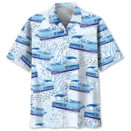 Blue Boat Pontoon Coastal Hawaiian Shirt For Resort Getaways And Comfortable Summer Activities