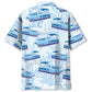 Blue Boat Pontoon Coastal Hawaiian Shirt Pattern View For Relaxed Warm Weather Outfits