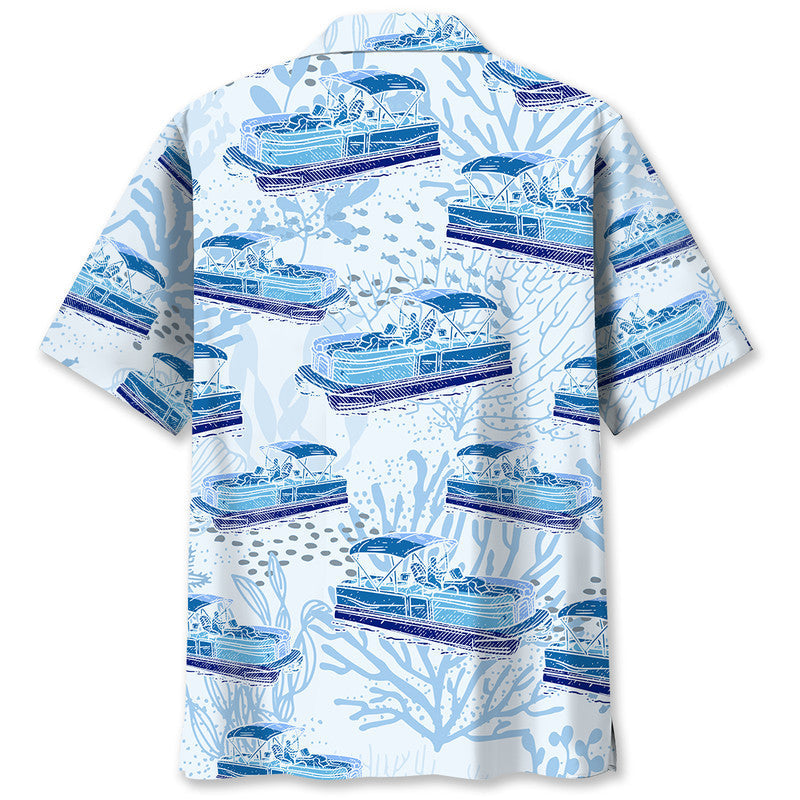 Blue Boat Pontoon Coastal Hawaiian Shirt Pattern View For Relaxed Warm Weather Outfits