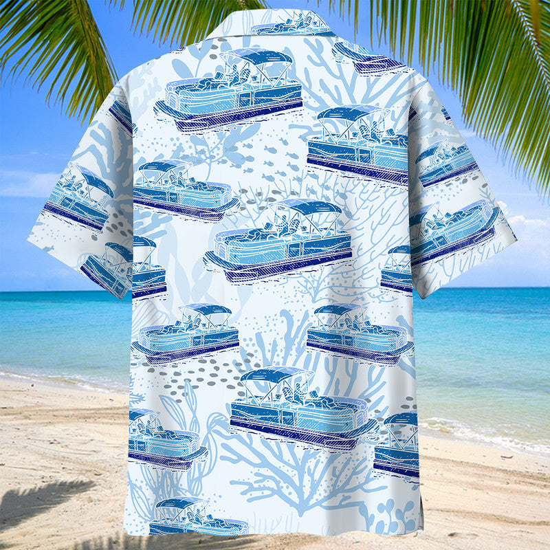 Blue Boat Pontoon Coastal Hawaiian Shirt Artwork Detail For Resort Trips And Outdoor Activities