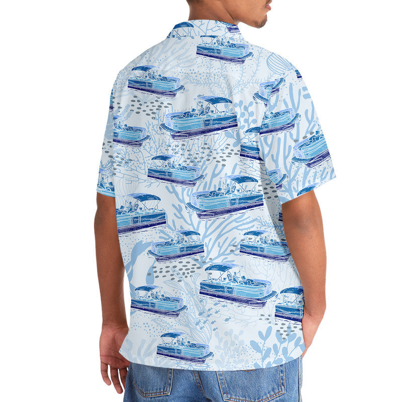 Blue Boat Pontoon Coastal Hawaiian Shirt Design View For Casual Summer Styling