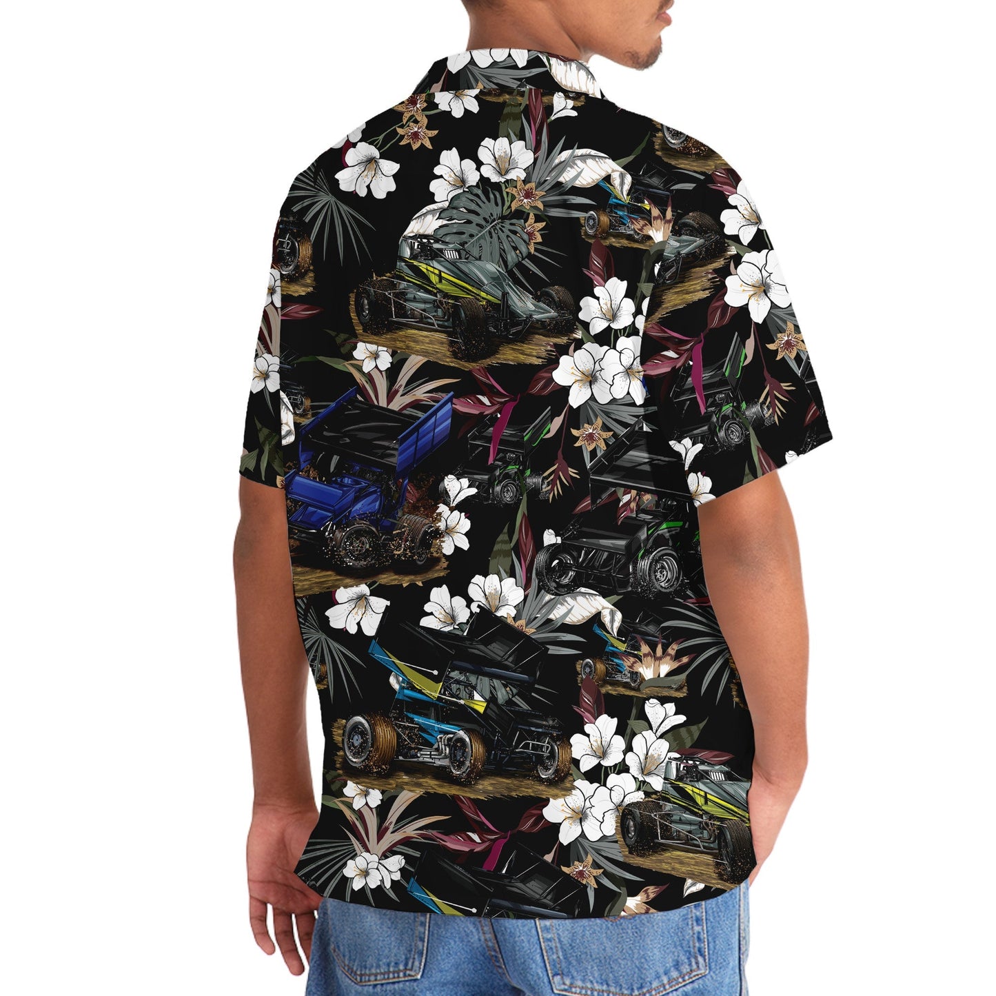 Black Car Sprint Racing Hawaiian Shirt Pattern View For Relaxed Warm Weather Outfits