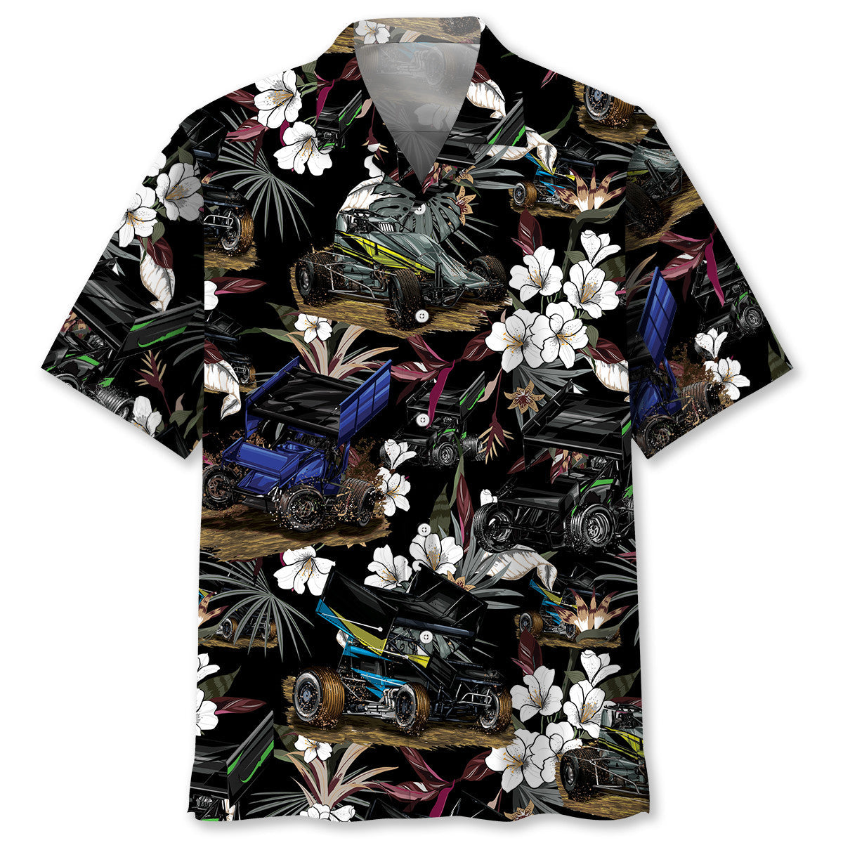 Black Car Sprint Racing Hawaiian Shirt Artwork View For Weekend Travel And Beach Style