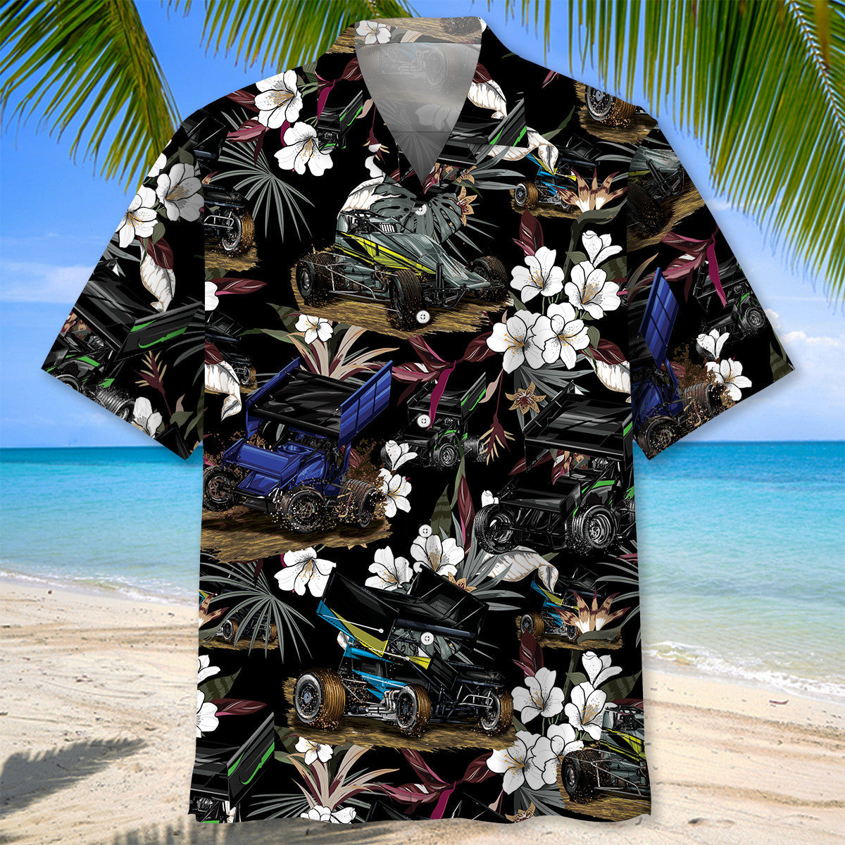 Black Car Sprint Racing Hawaiian Shirt Design Detail For Sunny Adventures And Casual Wear